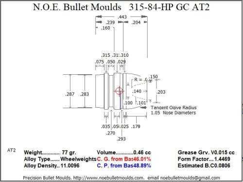 Bullet Mold 2 Cavity Aluminum .315 caliber Gas Check 84 Grains with Round/Flat nose profile type. Designed for use i