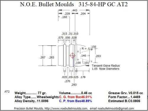 Bullet Mold 4 Cavity Aluminum .315 caliber Gas Check 84 Grains with Round/Flat nose profile type. Designed for use i