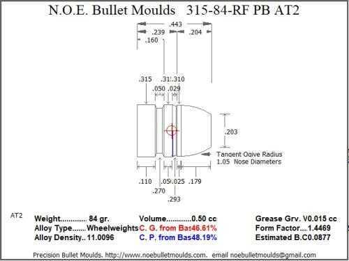 Bullet Mold 2 Cavity Brass .315 caliber Plain Base 84 Grains with a Round/Flat nose profile type. Designed for use in