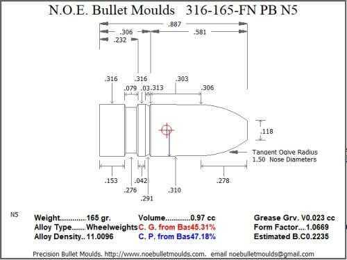 Bullet Mold 4 Cavity Aluminum .316 caliber Plain Base 165 Grains with Flat nose profile type. Designed for use in 30