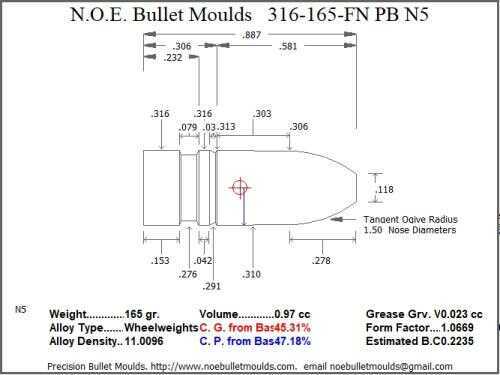 Bullet Mold 5 Cavity Aluminum .316 caliber Plain Base 165 Grains with Flat nose profile type. Designed for use in 30