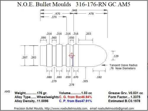 Bullet Mold 5 Cavity Aluminum .316 caliber Gas Check 176 Grains with Round Nose profile type. Designed for use in 30