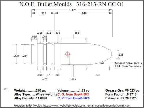 Bullet Mold 2 Cavity Aluminum .316 caliber Gas Check 213 Grains with Round Nose profile type. Designed for use in 30
