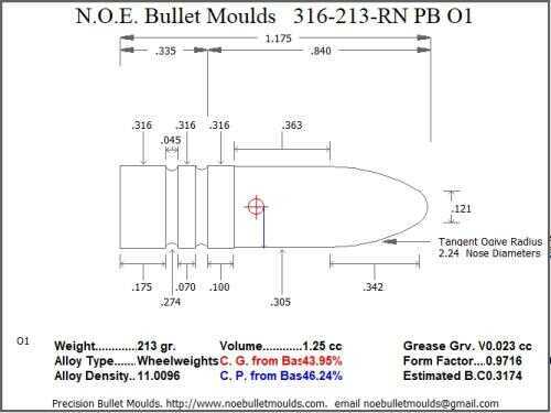 Bullet Mold 4 Cavity Brass .316 caliber Plain Base 213 Grains with a Round Nose profile type. Designed for use in 303