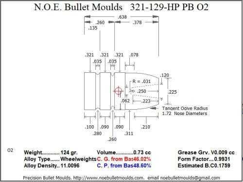 Bullet Mold 2 Cavity Brass .321 caliber Plain Base 129 Grains with a Flat nose profile type. Lightweight design