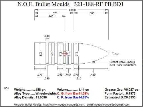 Bullet Mold 4 Cavity Aluminum .321 caliber Plain Base 188 Grains with Round/Flat nose profile type. Designed for use