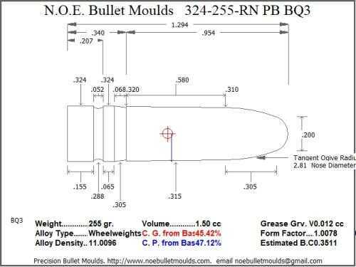 Bullet Mold 2 Cavity Aluminum .324 caliber Plain Base 255 Grains with Round Nose profile type. designed for use in 8