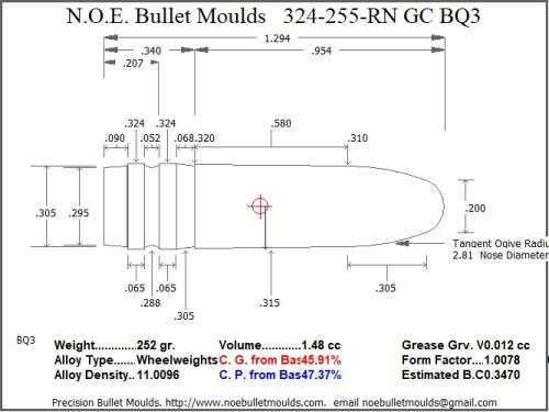 Bullet Mold 3 Cavity Aluminum .324 caliber Gas Check 255 Grains with Round Nose profile type. designed for use in 8m