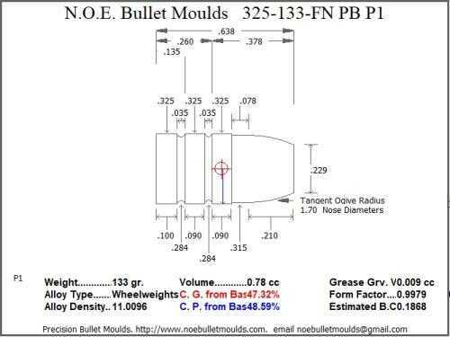 Bullet Mold 2 Cavity Brass .325 caliber Plain Base 133 Grains with a Flat nose profile type. 8mm pistol design