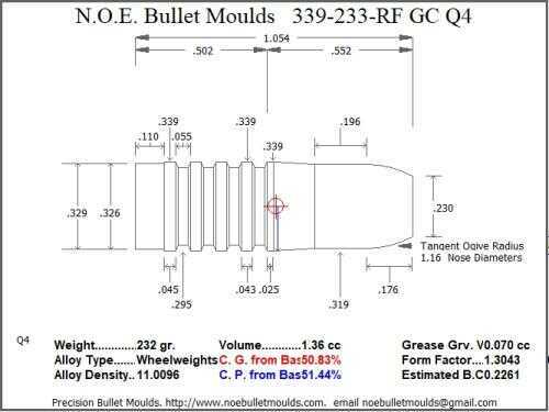 Bullet Mold 5 Cavity Aluminum .339 caliber Gas Check 233 Grains with Round/Flat nose profile type. classic loverin