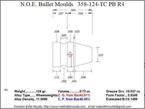 Bullet Mold 2 Cavity Brass .358 caliber Plain Base 124 Grains with a Truncated Cone profile type. The classic