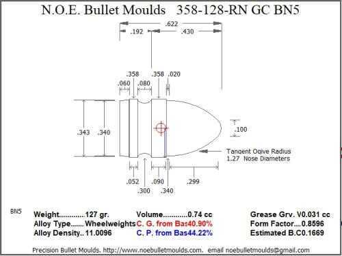Bullet Mold 3 Cavity Aluminum .358 caliber Gas Check 128 Grains with Round Nose profile type. The classic