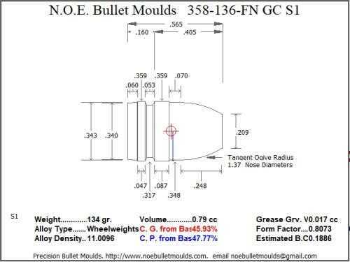Bullet Mold 2 Cavity Aluminum .358 caliber Gas Check 136 Grains with Flat nose profile type. heavier Round fo
