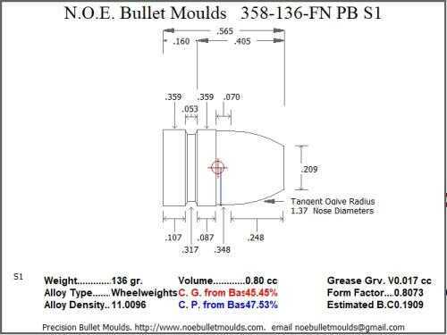 Bullet Mold 2 Cavity Brass .358 caliber Plain Base 136 Grains with a Flat nose profile type. heavier Round for