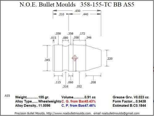 Bullet Mold 5 Cavity Aluminum .358 caliber Bevel Base 155 Grains with Truncated Cone profile type. heavy