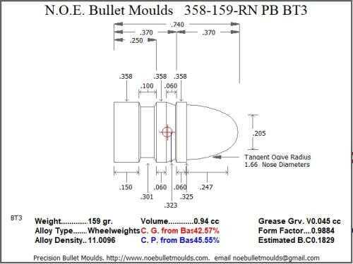 Bullet Mold 2 Cavity Aluminum .358 caliber Plain Base 159 Grains with Round Nose profile type. The classic 358311
