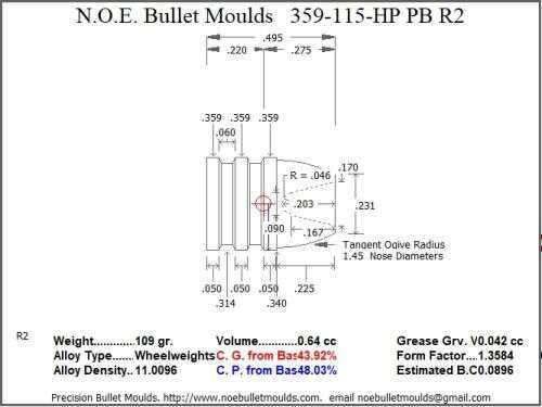 Bullet Mold 2 Cavity Aluminum .359 caliber Plain Base 115 Grains with Round/Flat nose profile type. The classic Thom