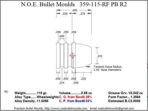 Bullet Mold 3 Cavity Aluminum .359 caliber Plain Base 115 Grains with Round/Flat nose profile type. The classic Thom