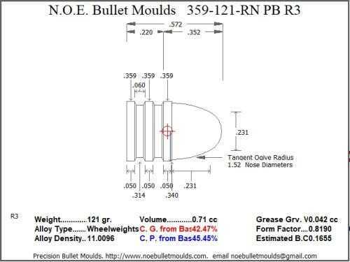 Bullet Mold 2 Cavity Aluminum .359 caliber Plain Base 121 Grains with Round Nose profile type. The classic 359242 st