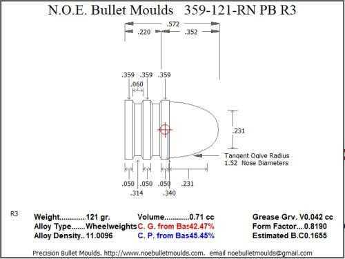 Bullet Mold 3 Cavity Aluminum .359 caliber Plain Base 121 Grains with Round Nose profile type. The classic 359242 st