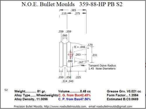 Bullet Mold 2 Cavity Aluminum .359 caliber Plain Base 88 Grains with Round/Flat nose profile type. flat plink