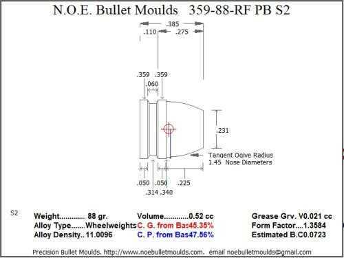 Bullet Mold 2 Cavity Aluminum .359 caliber Plain Base 88 Grains with Round/Flat nose profile type. flat plink