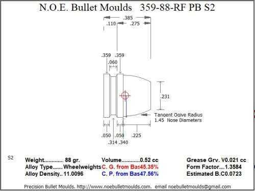 Bullet Mold 2 Cavity Brass .359 caliber Plain Base 88 Grains with a Round/Flat nose profile type. flat plinker