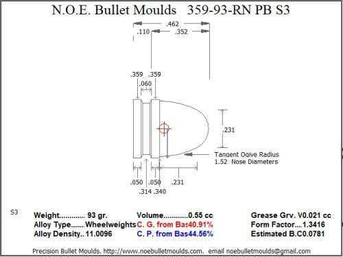 Bullet Mold 3 Cavity Aluminum .359 caliber Plain Base 93 Grains with Round Nose profile type. The classic 359242 lig