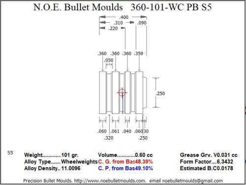 Bullet Mold 2 Cavity Aluminum .360 caliber Plain Base 101 Grains with Wadcutter profile type. The classic lightweigh