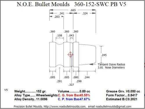 Bullet Mold 5 Cavity Aluminum .360 caliber Plain Base 152 Grains with Semiwadcutter profile type. An all time classi