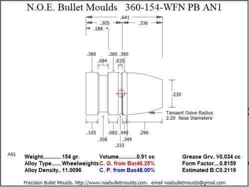 Bullet Mold 2 Cavity Aluminum .360 caliber Plain Base 154 Grains with Wide Flat nose profile type. The