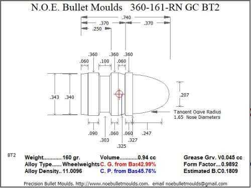 Bullet Mold 2 Cavity Aluminum .360 caliber GasCheck and Plain Base 161 Grains with Round Nose profile type. The Clas