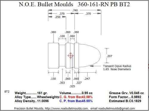 Bullet Mold 2 Cavity Brass .360 caliber Plain Base 161 Grains with a Round Nose profile type. The Classic 360311