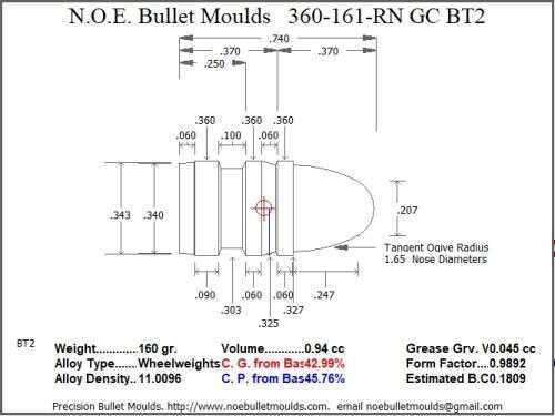 Bullet Mold 4 Cavity Aluminum .360 caliber GasCheck and Plain Base 161 Grains with Round Nose profile type. The Clas