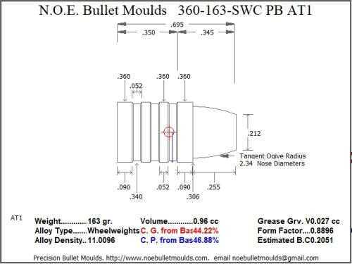Bullet Mold 2 Cavity Brass .360 caliber Plain Base 163 Grains with a Semiwadcutter profile type. BRP Designed Semi-w