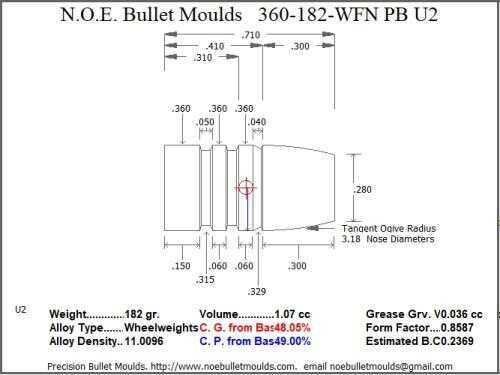 Bullet Mold 3 Cavity Aluminum .360 caliber Plain Base 182 Grains with Wide Flat nose profile type. The