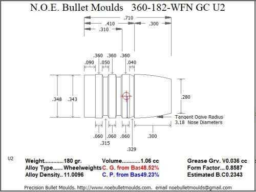 Click to see larger image. Bullet Mold 4 Cavity Aluminum .360 caliber Gas Check 182 Grains with Wide Flat nose profile type. The