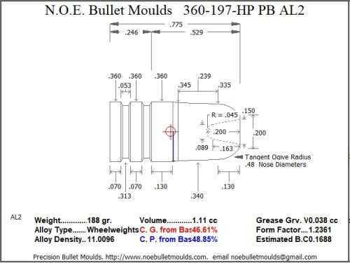 Bullet Mold 2 Cavity Aluminum .360 caliber Plain Base 197 Grains with Round Nose profile type. An improved RCBS styl