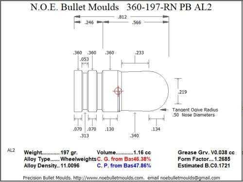 Bullet Mold 4 Cavity Aluminum .360 caliber Plain Base 197 Grains with Round Nose profile type. An improved RCBS styl