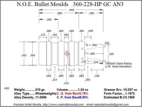 Bullet Mold 4 Cavity Aluminum .360 caliber Gas Check 228 Grains with Semiwadcutter profile type. The Classic design