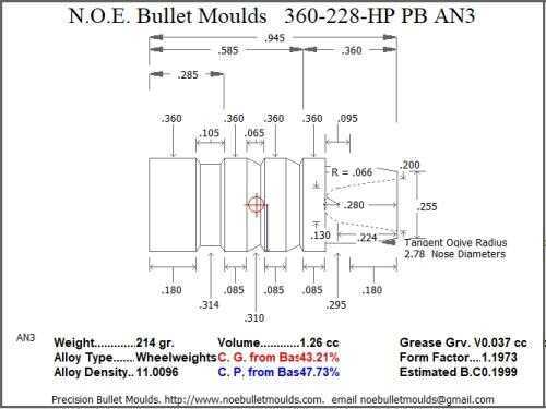 Bullet Mold 4 Cavity Aluminum .360 caliber Plain Base 228 Grains with Semiwadcutter profile type. The Classic design