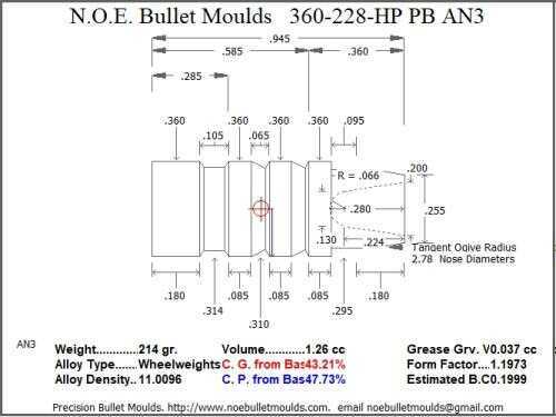 Bullet Mold 4 Cavity Brass .360 caliber Plain Base 228 Grains with a Semiwadcutter profile type. The Classic design 36