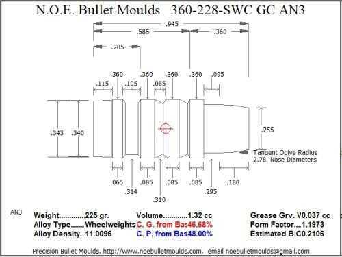 Bullet Mold 4 Cavity Brass .360 caliber Gas Check 228 Grains with a Semiwadcutter profile type. The Classic design 360