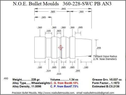 Bullet Mold 5 Cavity Aluminum .360 caliber Plain Base 228 Grains with Semiwadcutter profile type. The Classic design