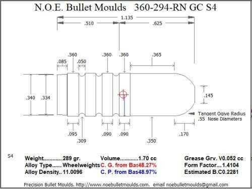 Bullet Mold 2 Cavity Aluminum .360 caliber GasCheck and Plain Base 294 Grains with Round Nose profile type. Designed