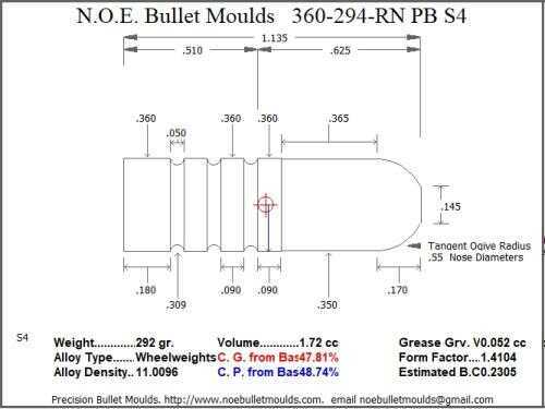 Bullet Mold 2 Cavity Aluminum .360 caliber Plain Base 294 Grains with Round Nose profile type. Designed for the 358