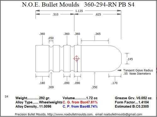 Bullet Mold 4 Cavity Aluminum .360 caliber Plain Base 294 Grains with Round Nose profile type. Designed for the 358