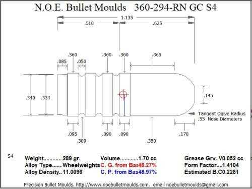 Bullet Mold 4 Cavity Brass .360 caliber GasCheck and Plain Base 294 Grains with Round Nose profile type. Designed fo