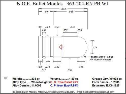 Bullet Mold 2 Cavity Aluminum .363 caliber Plain Base 204 Grains with Round Nose profile type. This is design