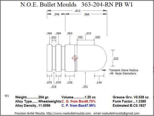 Bullet Mold 4 Cavity Aluminum .363 caliber Plain Base 204 Grains with Round Nose profile type. This is design